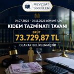 01.07.2026  – 31.12.2026 DÖNEMİ İÇİN  KIDEM TAZMİNATI TAVANI  BRÜT 73.729,87 TL OLARAK BELİRLENMİŞTİR